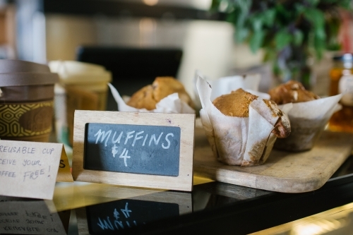 Horizontal shot of café selling muffins and coffee - Australian Stock Image
