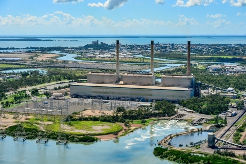 Horizontal shot of Coal fired power station in Gladstone, Queensland - Australian Stock Image