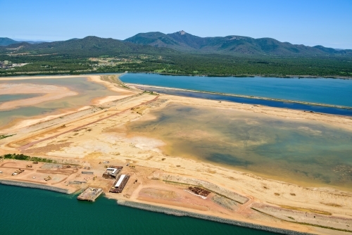 Horizontal shot of construction barges at Fisherman's Landing near Gladstone - Australian Stock Image