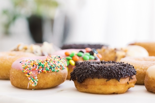 Horizontal shot of donuts with different toppings.