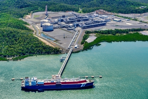 Horizontal shot of  liquified natural gas plant and LNG ship on Curtis Island, Queensland