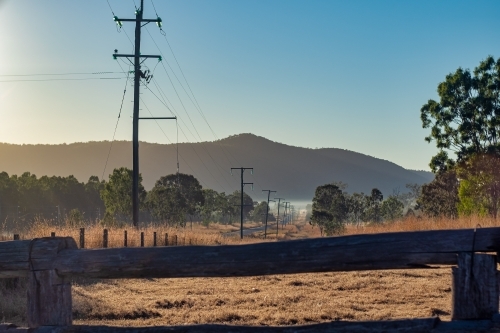 Horizontal shot of power lines in Mount Morgan - Australian Stock Image