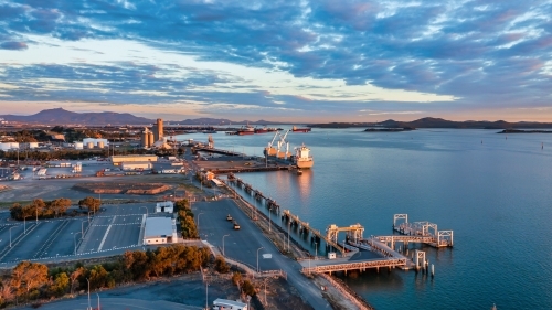 Horizontal shot of ship and wharfs - Australian Stock Image