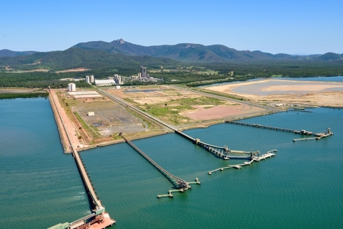 Horizontal shot of wharfs at Fisherman's Landing near Gladstone - Australian Stock Image