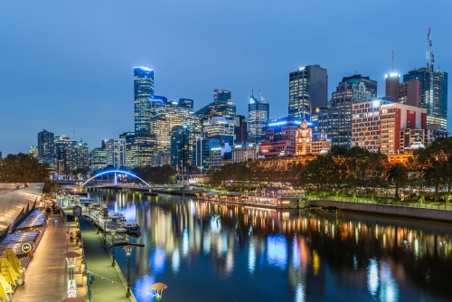 Horizontal shot of Yarra river and city buildings - Australian Stock Image
