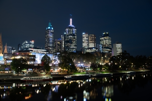 Horizontal shot of Yarra river and city buildings in the evening - Australian Stock Image