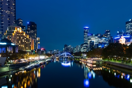 Horizontal shot of Yarra river and city buildings in the evening