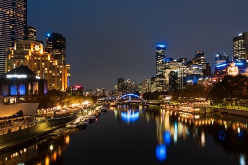 Horizontal shot of Yarra river reflecting the city buildings at night - Australian Stock Image
