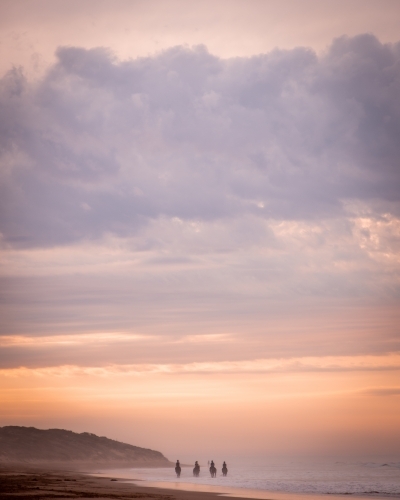 Horse Riding on a Beach at Sunrise - Australian Stock Image