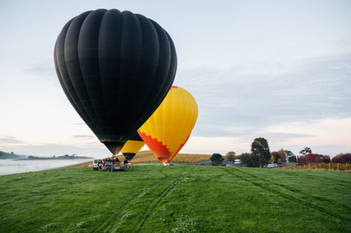 Hot Air Balloons taking off from green paddock on cold winter morning - Australian Stock Image
