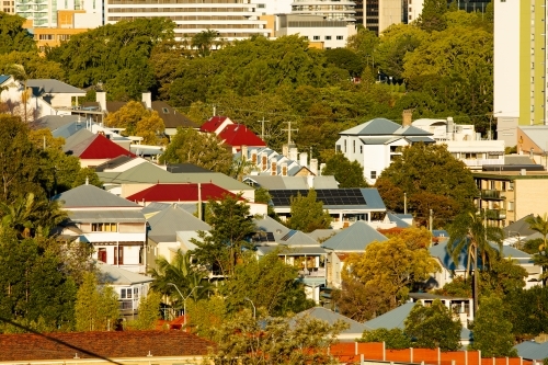 Houses and streets of the Brisbane inner city area Petrie Terrace and Red Hill - Australian Stock Image