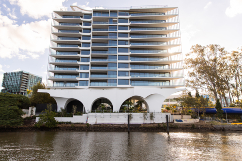 impressive waterfront unit block on the Brisbane River - Australian Stock Image