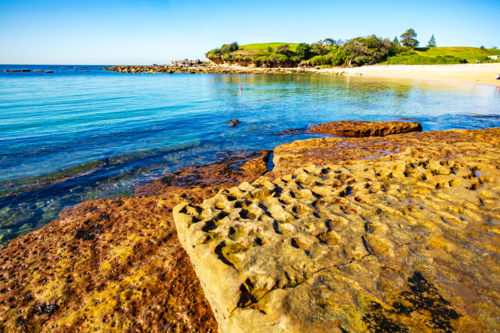 interesting rock formation at Little Bay beach - Australian Stock Image
