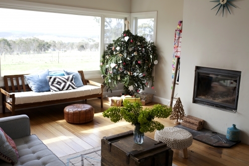 Interior of country house decorated ready for Christmas - Australian Stock Image