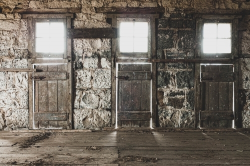 interior of old stone shearing shed doors and windows