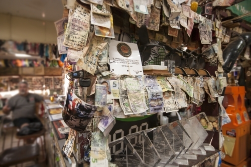 International bank notes at remote pub - Australian Stock Image