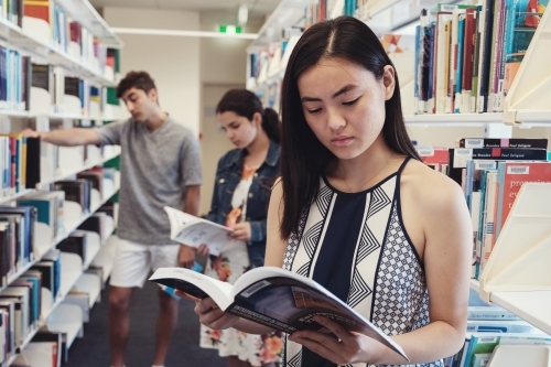 International student reading book in university library - Australian Stock Image