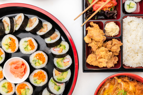 Japanese Array Of Food On White Table - Australian Stock Image