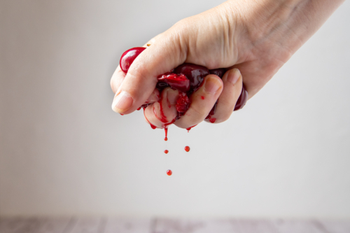 Juicy cherries being squeezed by hand - Australian Stock Image