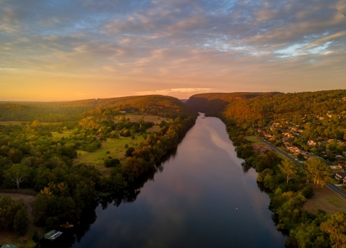 Just after sunrise, the Nepean River views south into the gorge and across the Penrith Valley - Australian Stock Image