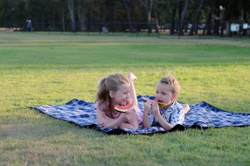 Kids eating watermelon on a picnic blanket in a park