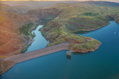 Lake Argyle and dam wall helicopter view