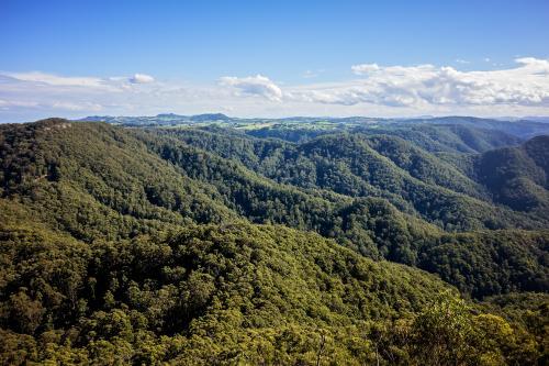Landscape view of rolling green tree covered hills - Australian Stock Image