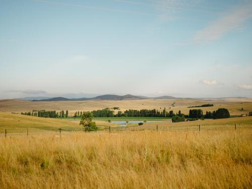 Landscape with dam, dry grasses and distant hills - Australian Stock Image
