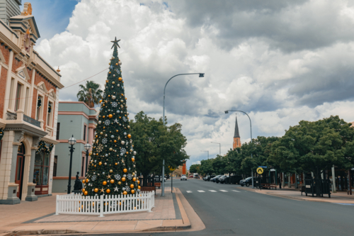 Large Christmas tree on display in the town centre of Mudgee NSW - Australian Stock Image