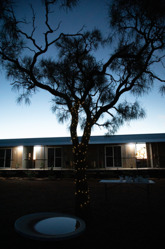 Late evening sky reflected in a small pool of water, in front of a beefwood tree and accommodation - Australian Stock Image