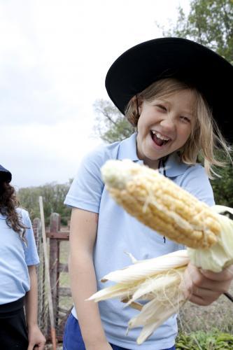 Laughing girl in school uniform holding freshly picked corn on the cob