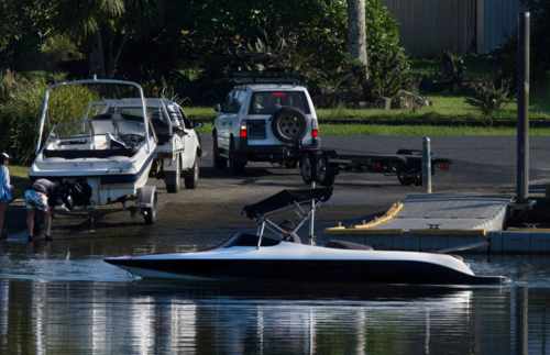 launching boats at a busy boat ramp - Australian Stock Image