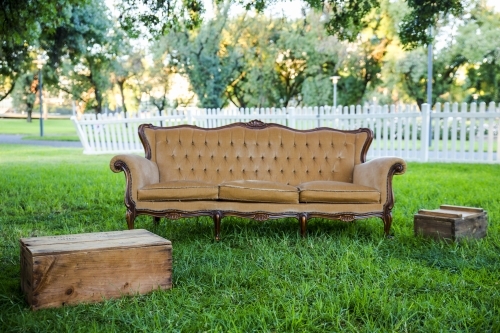 Light brown velvet couch in garden setting - Australian Stock Image