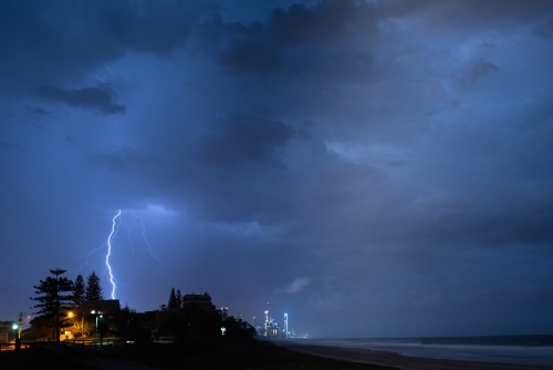 Lighting over the Gold Coast during a night storm - Australian Stock Image