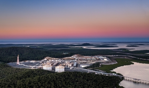 Liquified natural gas plant (LNG) on Curtis Island with the coral sea in the background - Australian Stock Image