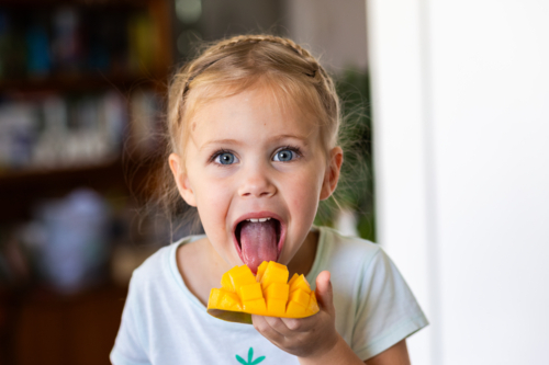 Little Australian girl eating a freshly cut mango fruit in kitchen at home - Australian Stock Image