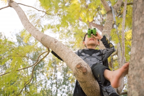 Little batman boy climbing a tree in the garden looking through a binocular