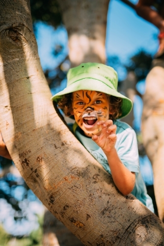 Little boy in a tree with face paint