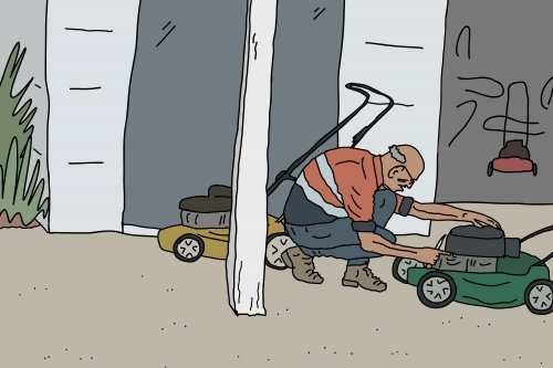 Little old man fixing lawnmowers outside workshop