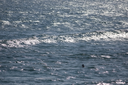 Lone surfer sitting on board waiting for a wave - Australian Stock Image