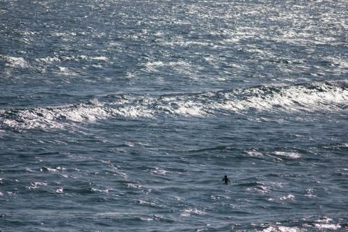 Lone surfer sitting on board waiting for a wave