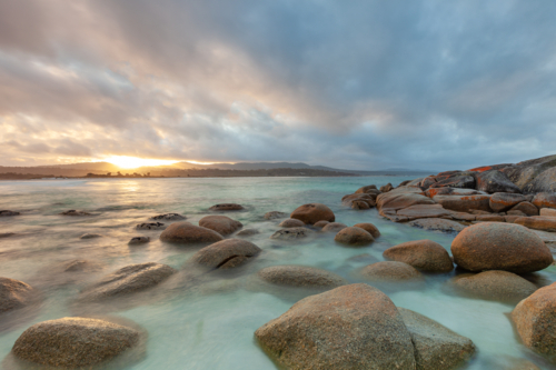 Long exposure over Bay Of Fires Beach Tasmania - Australian Stock Image