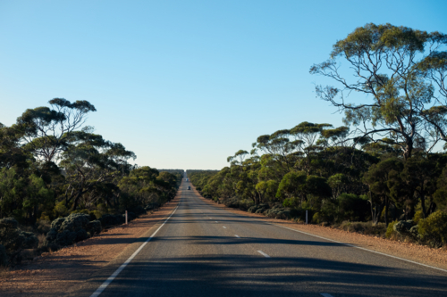 Long straight road heading East, Eyre Highway, South Australia - Australian Stock Image
