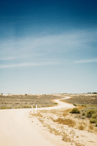 Long winding dirt path at the park with dry and sparse vegetation. - Australian Stock Image