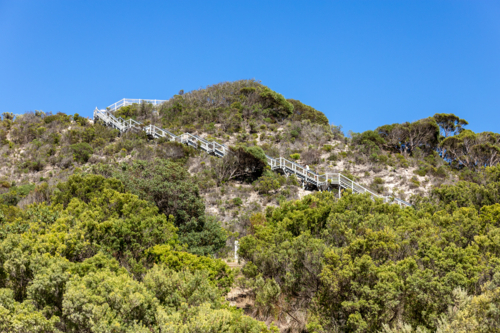 Long Wooden Boardwalk and Stairs Ascending Prospect Hill Through Coastal Scrub, Kangaroo Island - Australian Stock Image