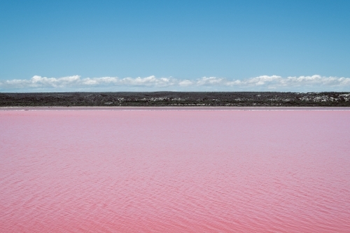 Looking across Pink Lake Lagoon with low hills in the distance - Australian Stock Image