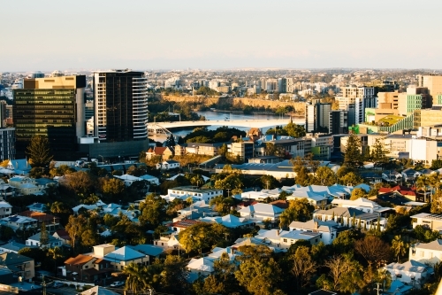 Looking across South Brisbane suburbs towards Kangaroo Point Cliffs - Australian Stock Image