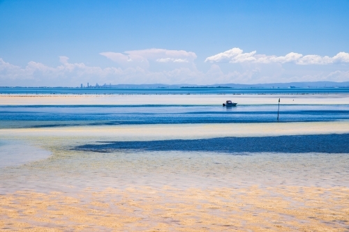 Looking across the waters of Moreton Bay towards Brisbane on a sunny summer day