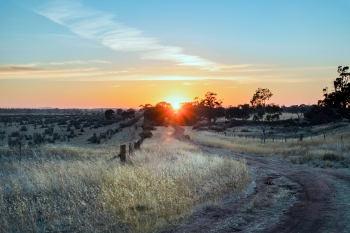 Looking along a dirt road through fields with the sun rising in the distance. - Australian Stock Image