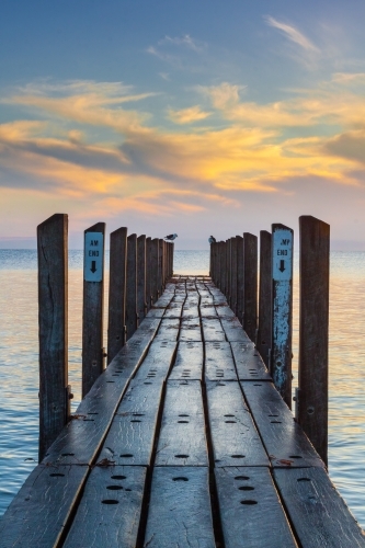 Looking along a wet wooden jetty toward a dawn sky. - Australian Stock Image